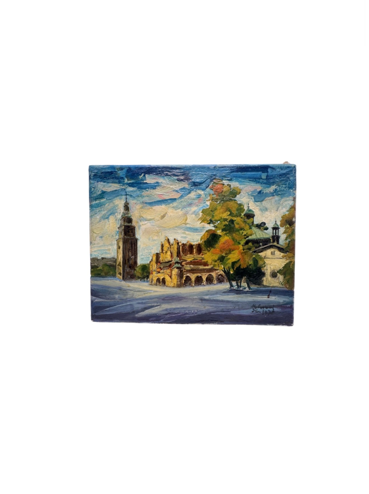 Vintage impasto oil painting of a sunlit town square with church towers and an autumn tree, artist-signed