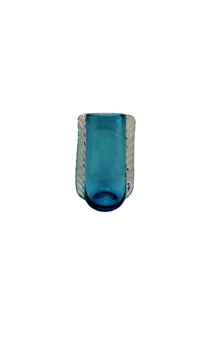 MCM Blenko hand-blown aqua glass vase with ribbed sides, front view