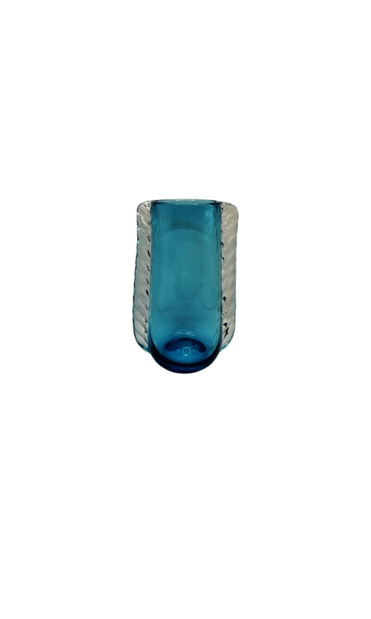 MCM Blenko hand-blown aqua glass vase with ribbed sides, front view