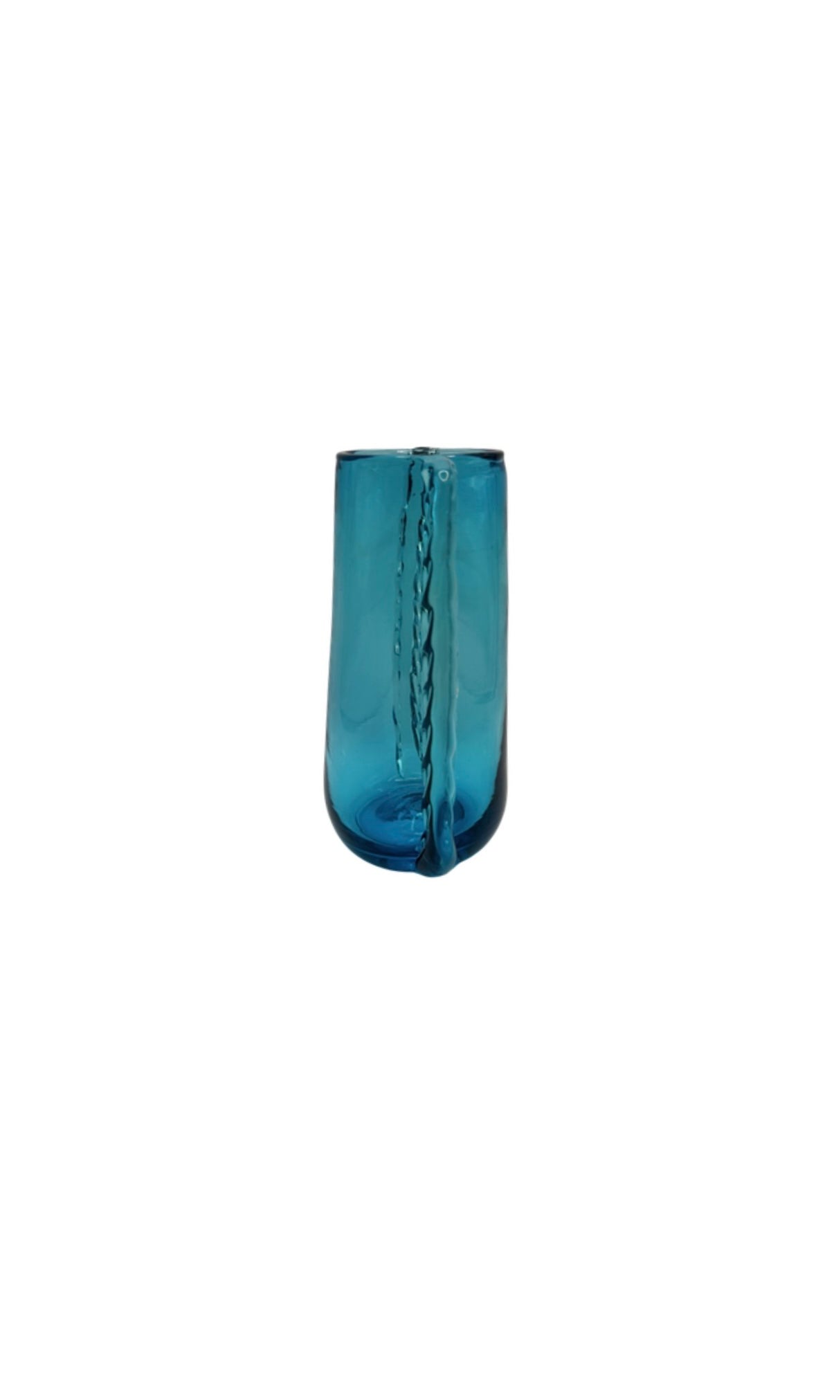 Blenko aqua hand-blown glass vase showing twisted optic ribbing, angled view