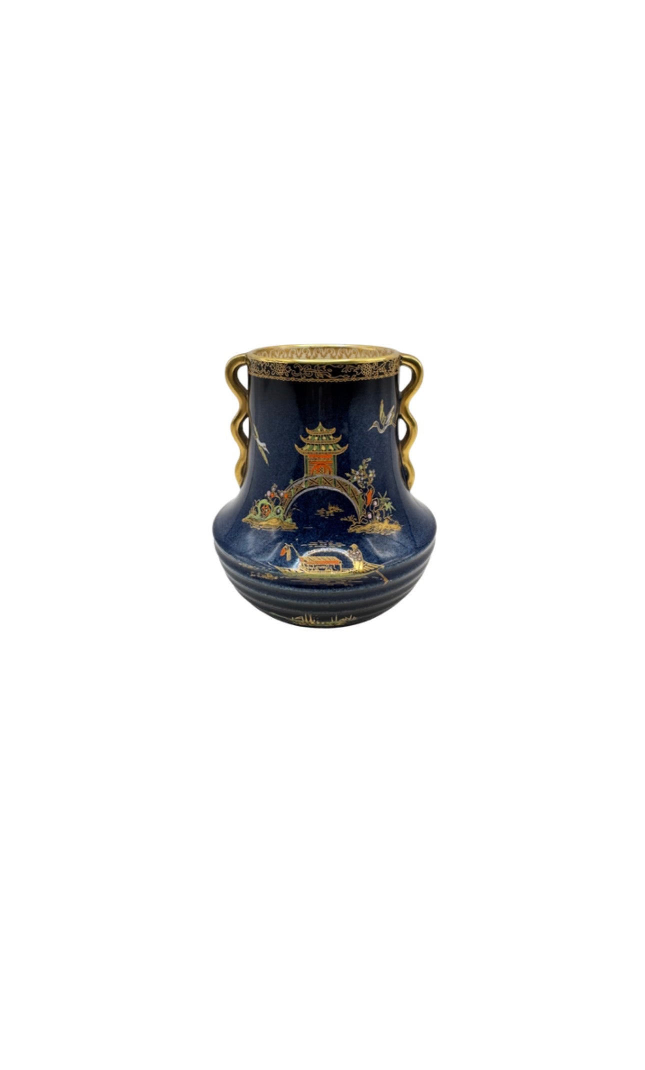 Carlton Ware cobalt chinoiserie vase, front view with gilded pagoda, bridge and tree design