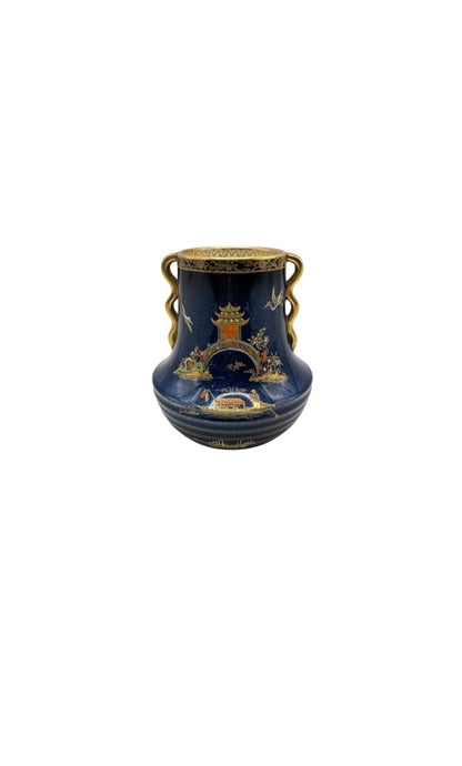 Carlton Ware cobalt chinoiserie vase, front view with gilded pagoda, bridge and tree design