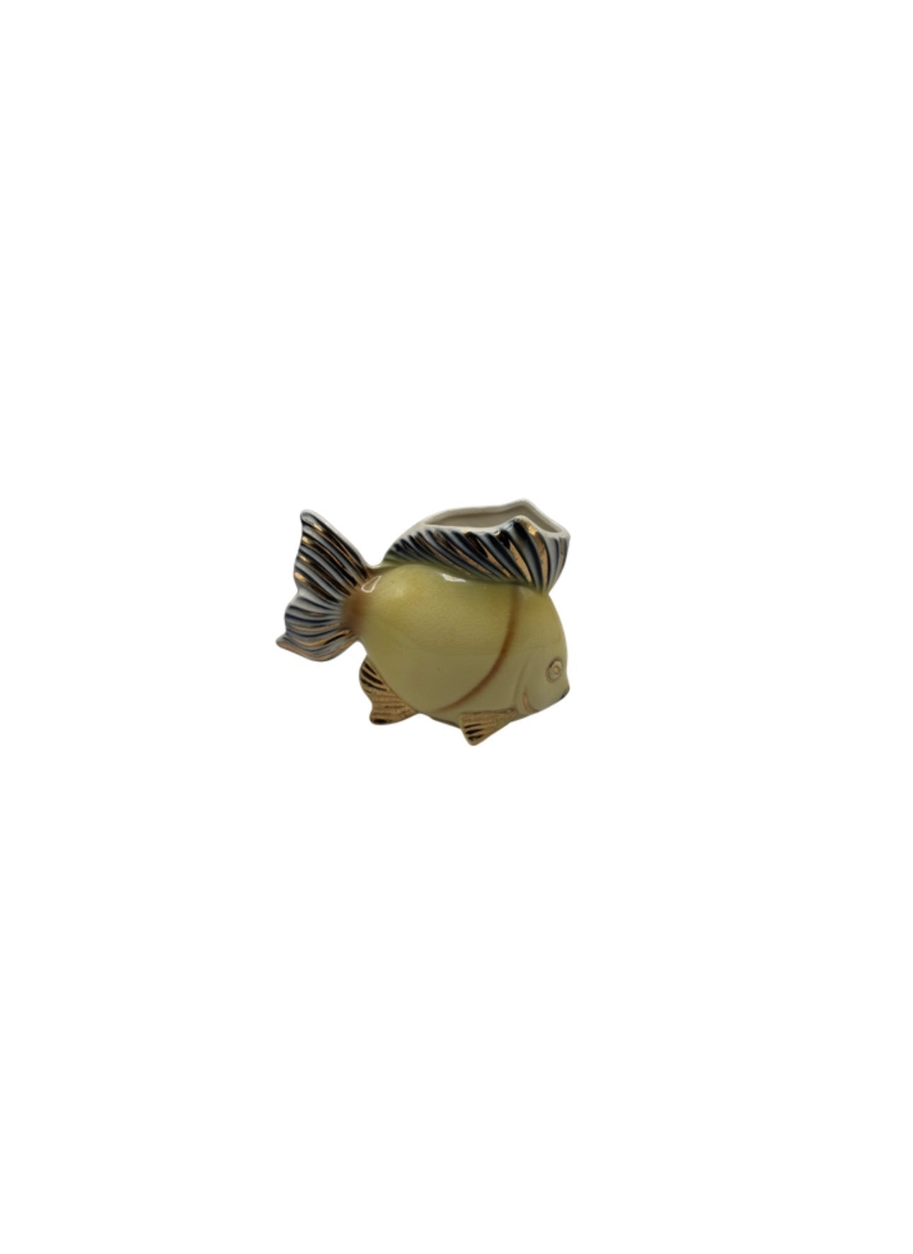 Royal Copley figural fish cachepot, opposite side profile, showing glazed body and striped dorsal and tail fins