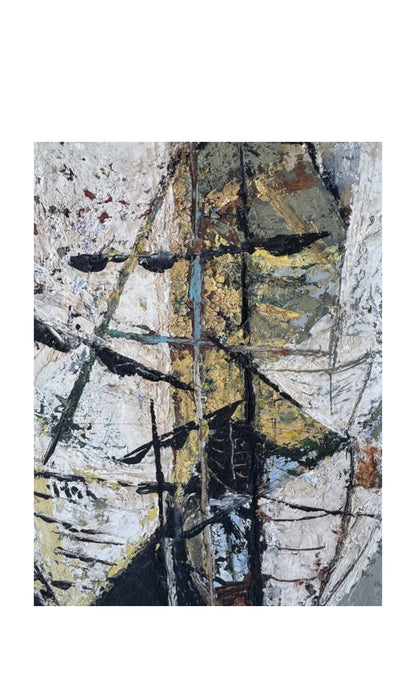 Vintage MCM Neutral Abstract Oil on Board, Signed