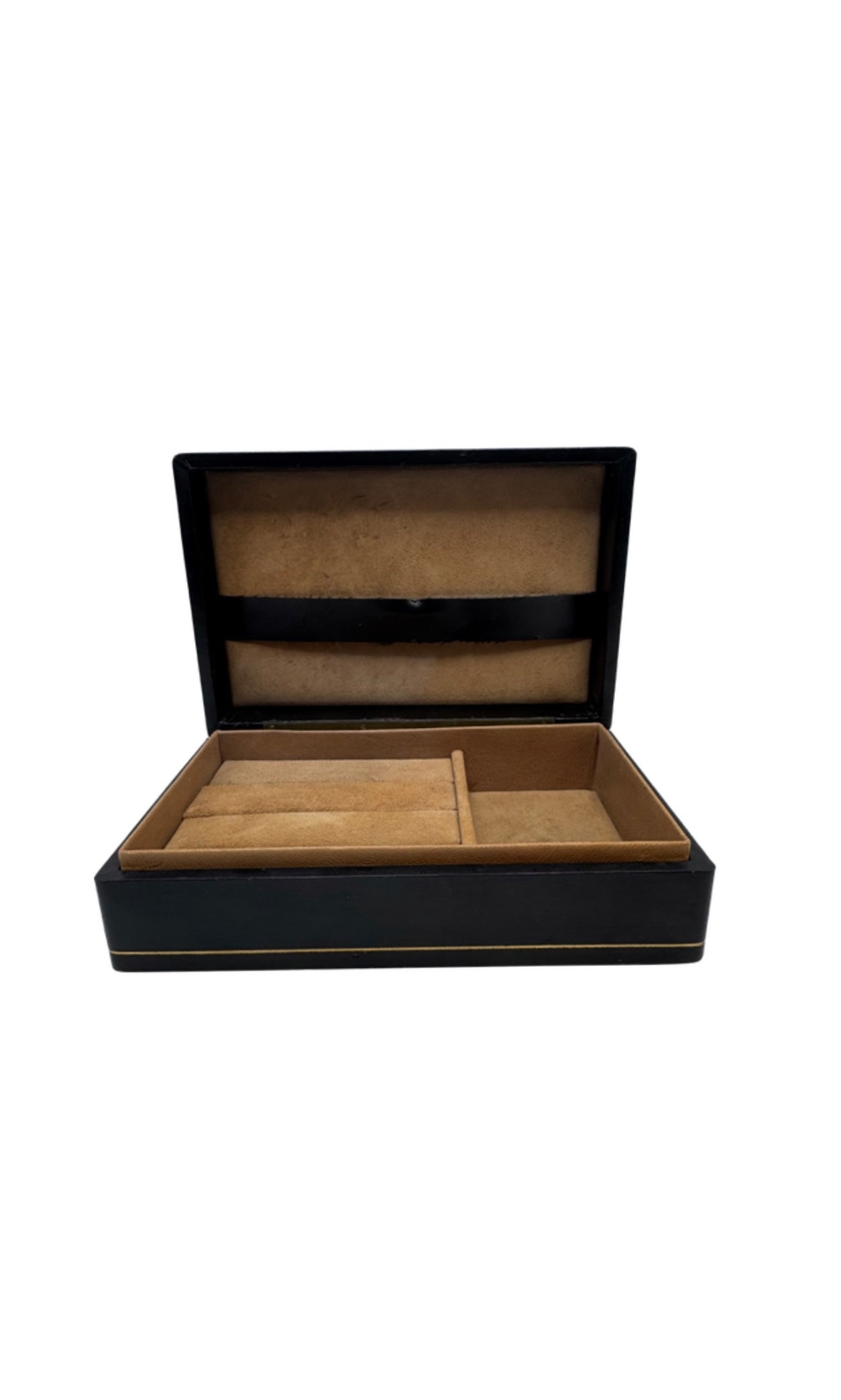 Open vintage Italian leather box revealing a divided tan suede-lined interior tray and lid