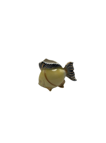 Vintage Royal Copley glazed ceramic cachepot shaped as a fish with raised striped fins, side profile view