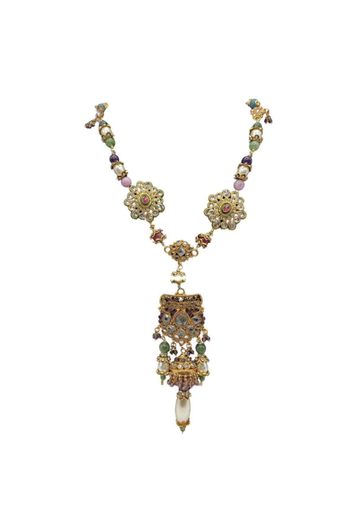 Mughal Indian beaded long necklace with floral medallions, mixed gemstones and pearl drop, on white