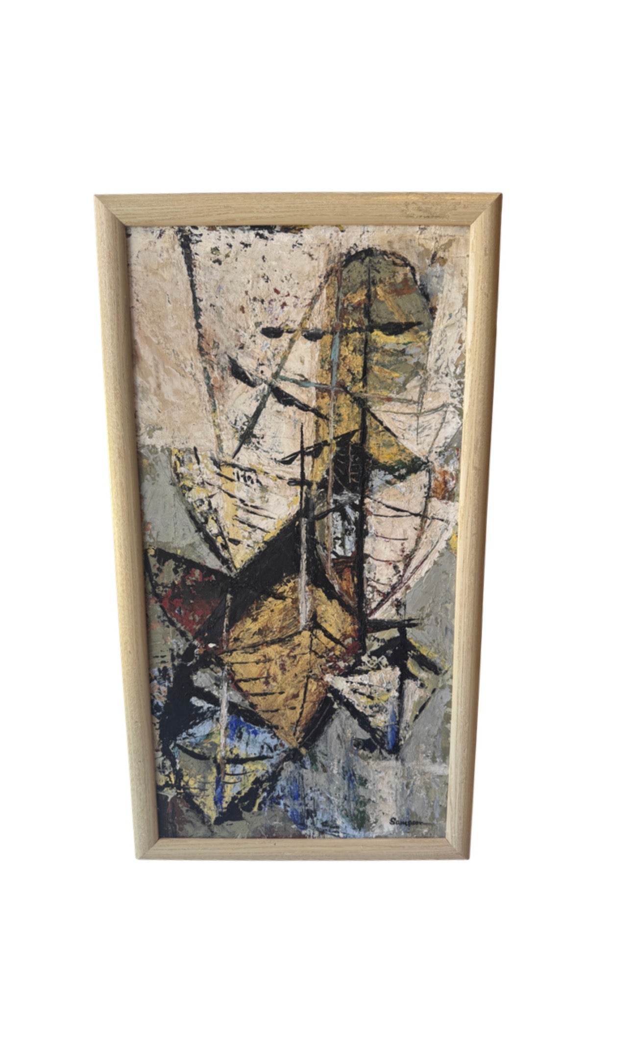 Vintage MCM Neutral Abstract Oil on Board, Signed