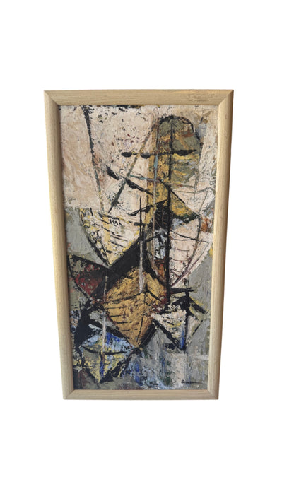 Vintage MCM Neutral Abstract Oil on Board, Signed