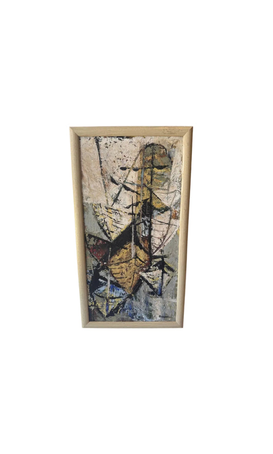 Vintage Framed MCM Neutral Abstract Oil on Board, Signed