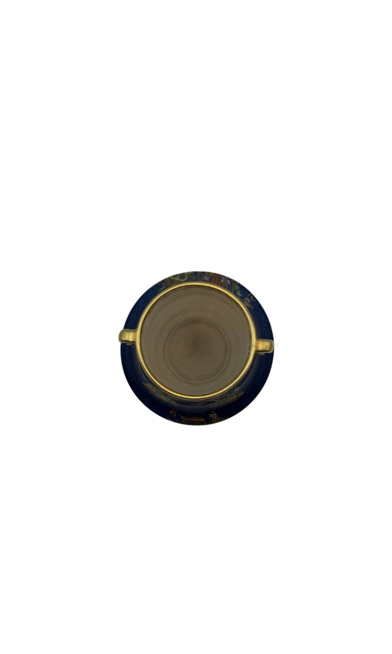 Top-down view into Carlton Ware cobalt vase showing cream glazed interior and gold rim