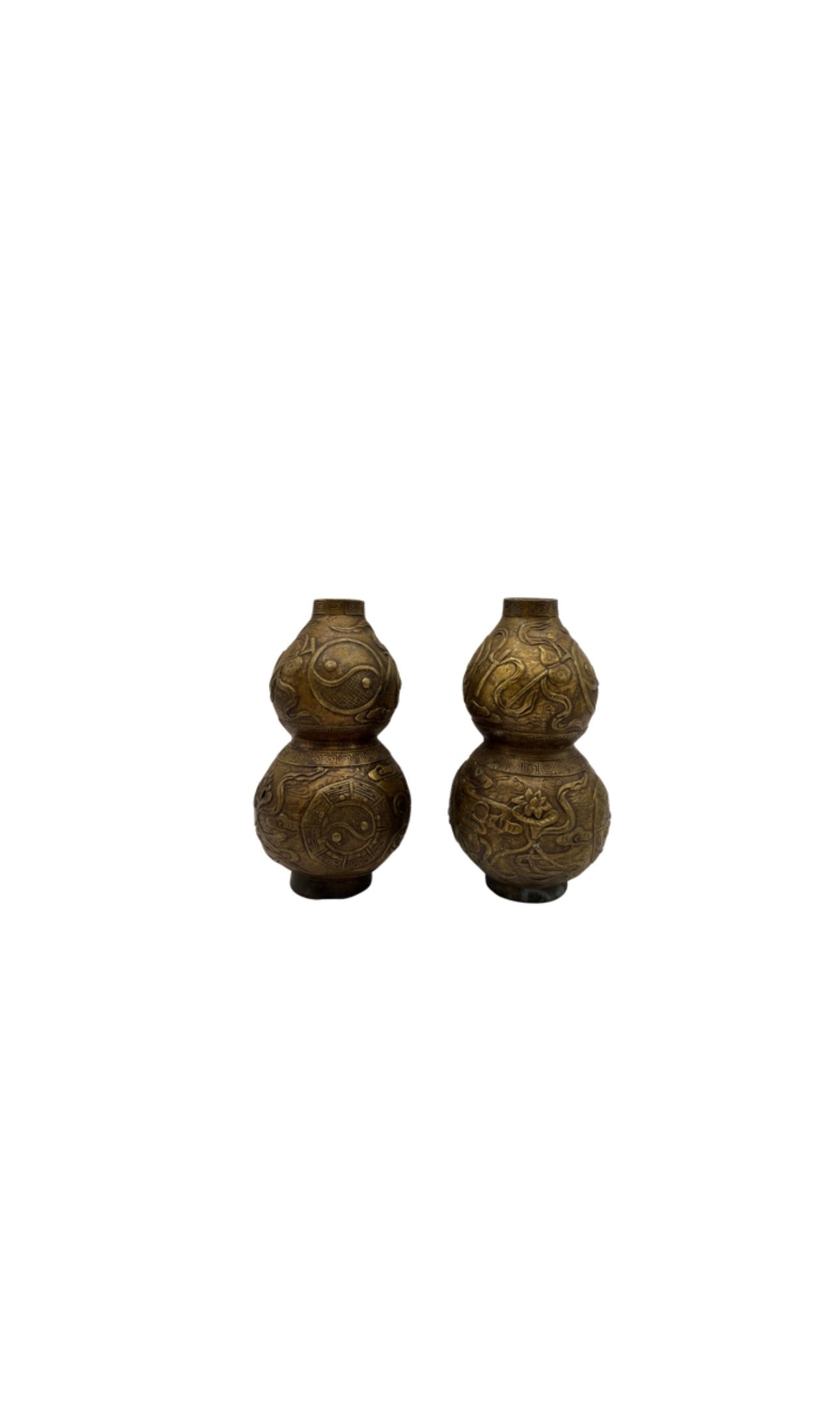 Vintage Asian brass double-gourd vases, pair with incised dragon and scroll decoration, front view