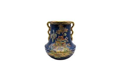 Carlton Ware chinoiserie vase, cobalt blue with gold pagoda and tree motifs, twin handles