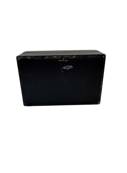 Underside of the vintage Italian leather box marked 'Made in Italy' in gilt, showing worn corners