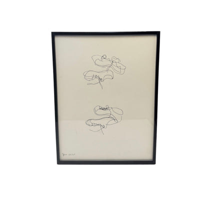 Framed 1965 ink line drawing of two pairs of shoes, minimal continuous-line style