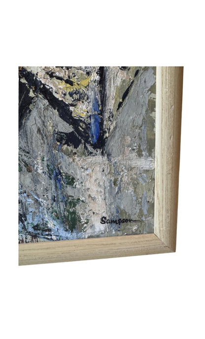 Vintage MCM Neutral Abstract Oil on Board, Signed