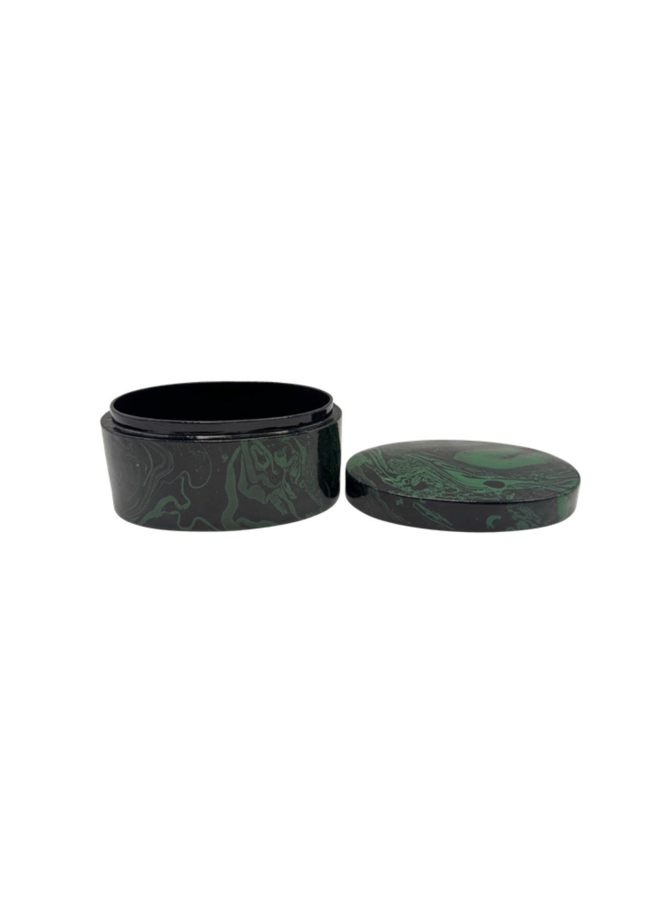Faux malachite papier-mache box open, lid resting beside the black-interior base