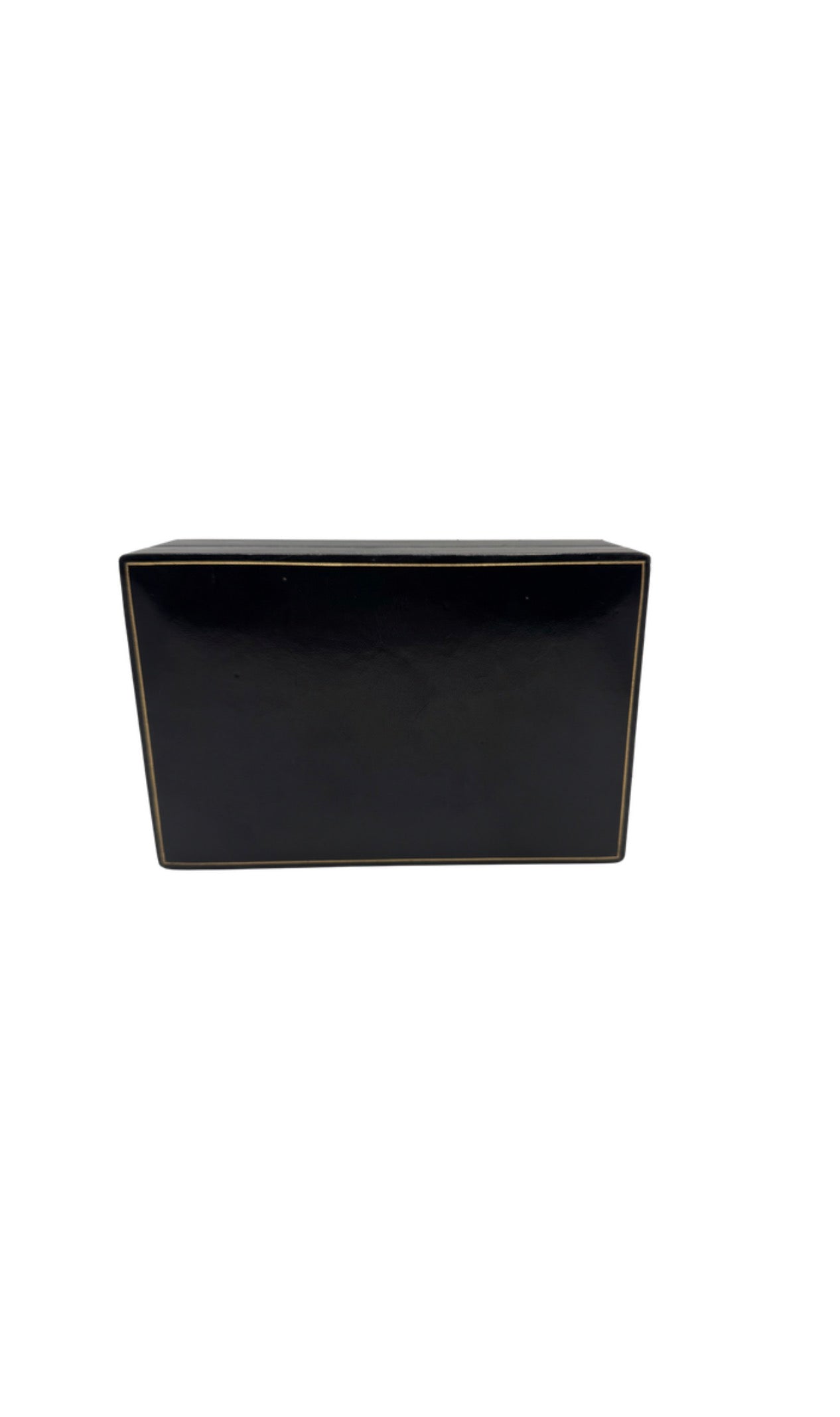 Vintage Italian black calf leather box, front side view with gilt line trim along the edges