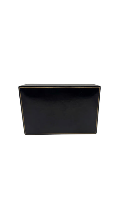 Vintage Italian black calf leather box, front side view with gilt line trim along the edges