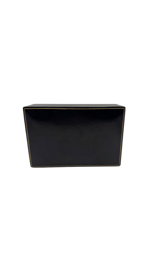 Vintage Italian black calf leather box, front side view with gilt line trim along the edges