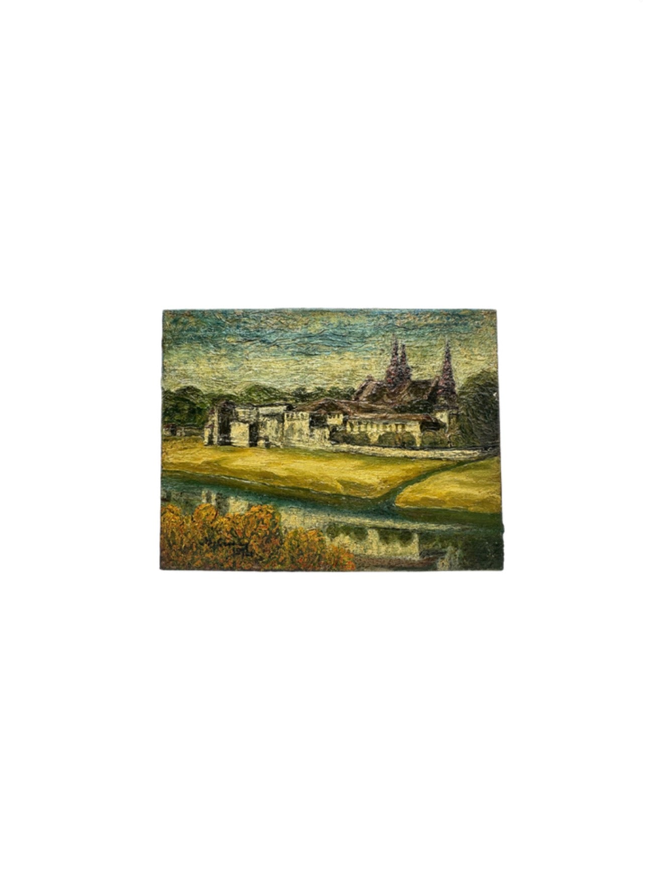 Vintage impasto oil painting of a turreted manor and ruins by a river with autumn trees and green field