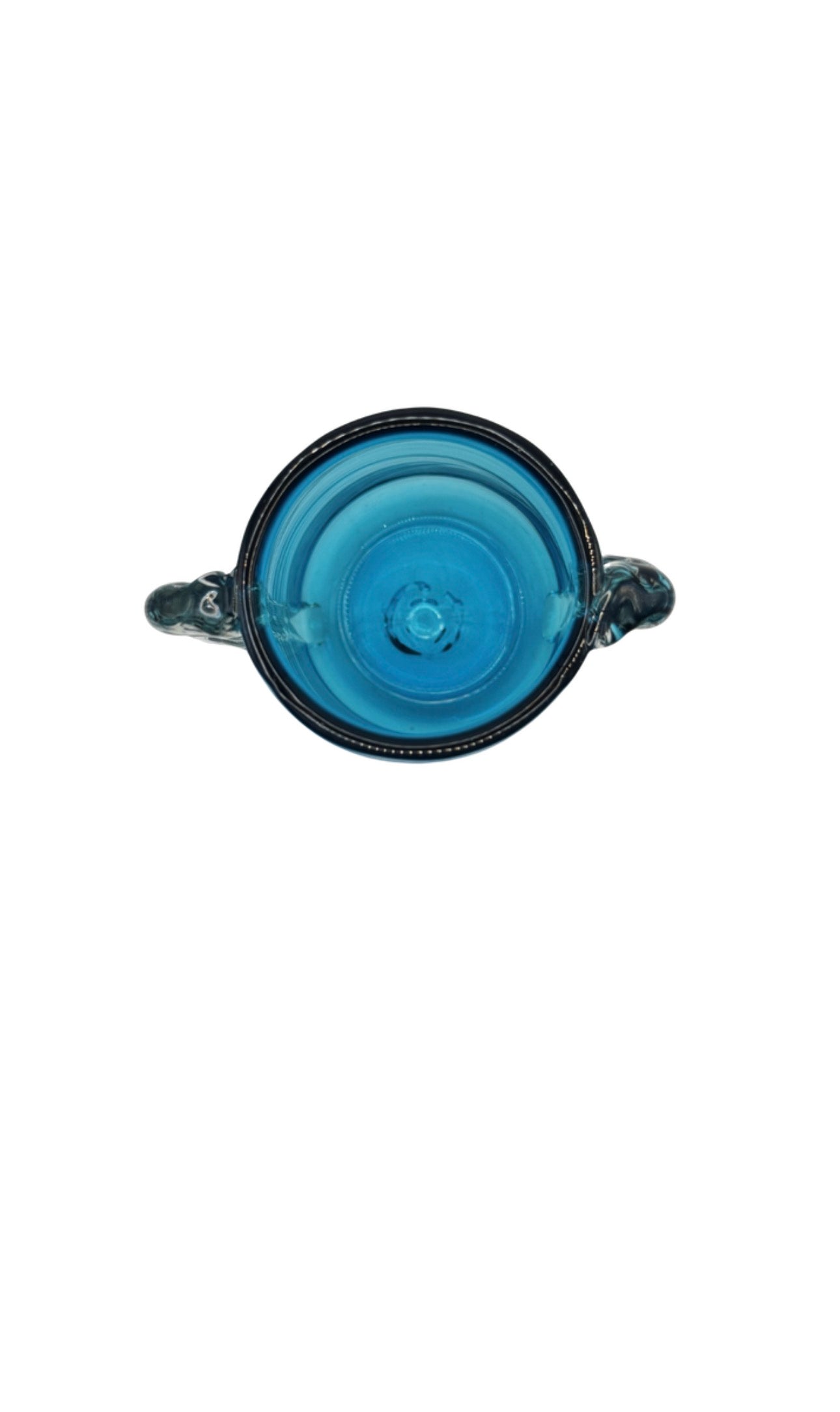 Top view into the Blenko aqua glass vase opening showing the pontil base