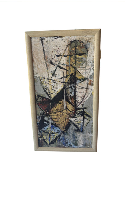 Vintage MCM Neutral Abstract Oil on Board, Signed