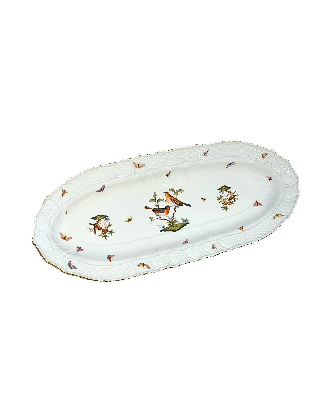 Herend Rothschild Bird porcelain oval platter, hand-painted birds, insects and basketweave border