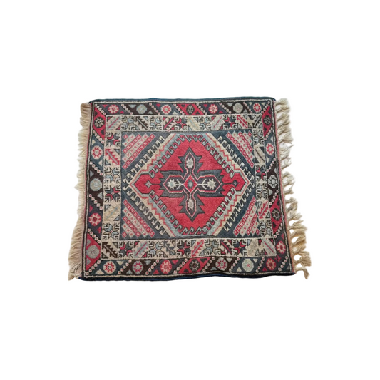 Vintage Hand Made Wool Square Rug, Red & Beige