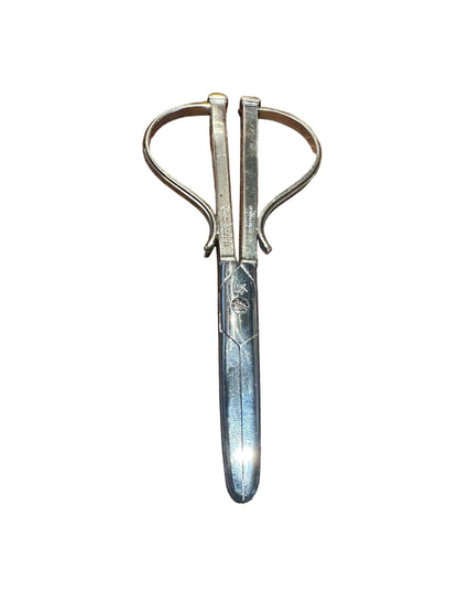 Sterling silver grape shears with teardrop looped handles and tapered blade, front view