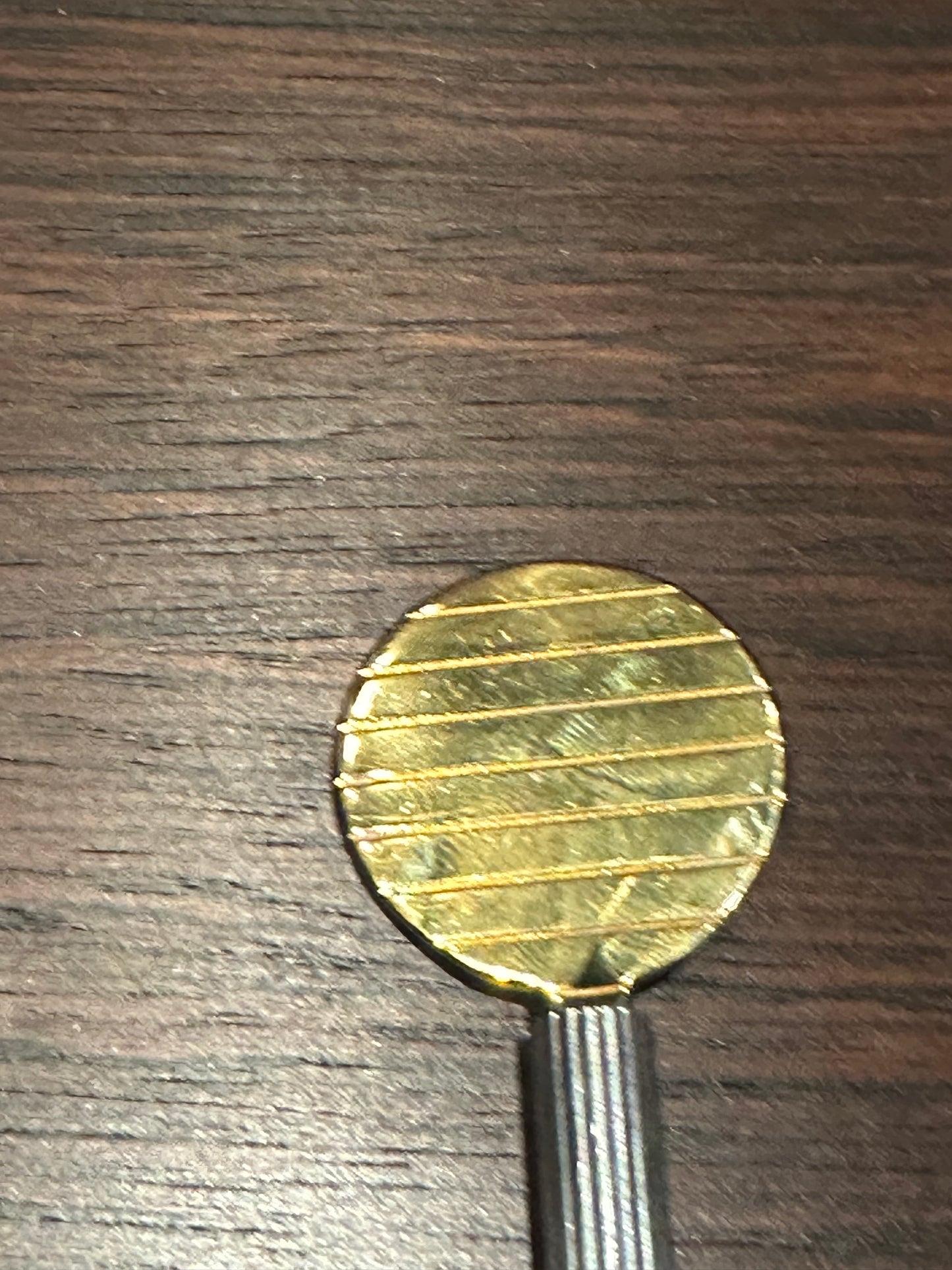 Close-up of the gilded round paddle of the Petrossian caviar spoon