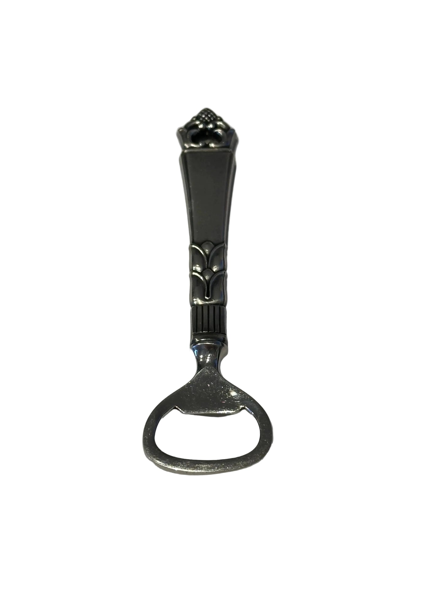 Danish bottle opener with grape-cluster sterling handle, inverted view