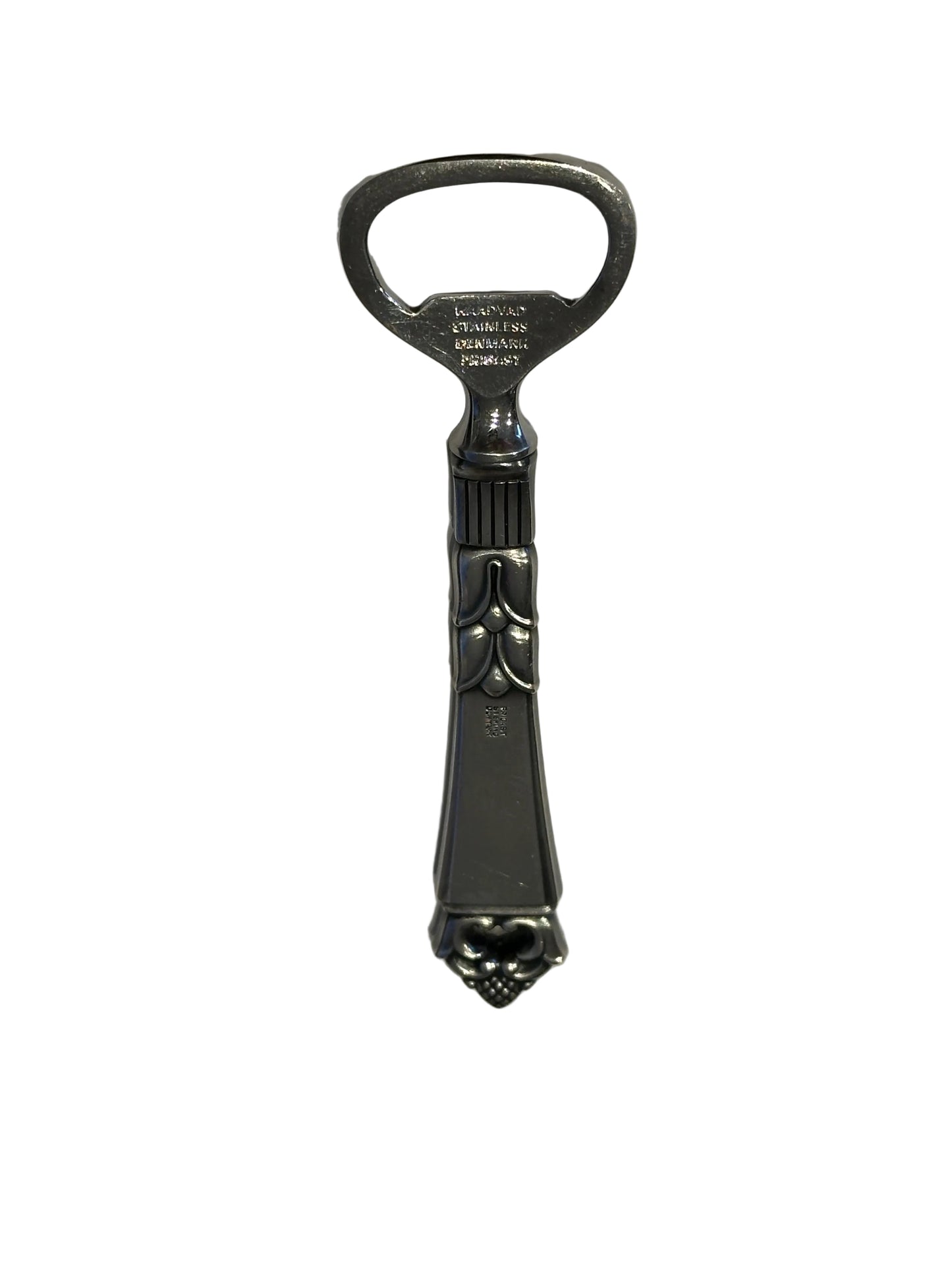Bottle opener with stainless head stamped Frigast Denmark, vertical view