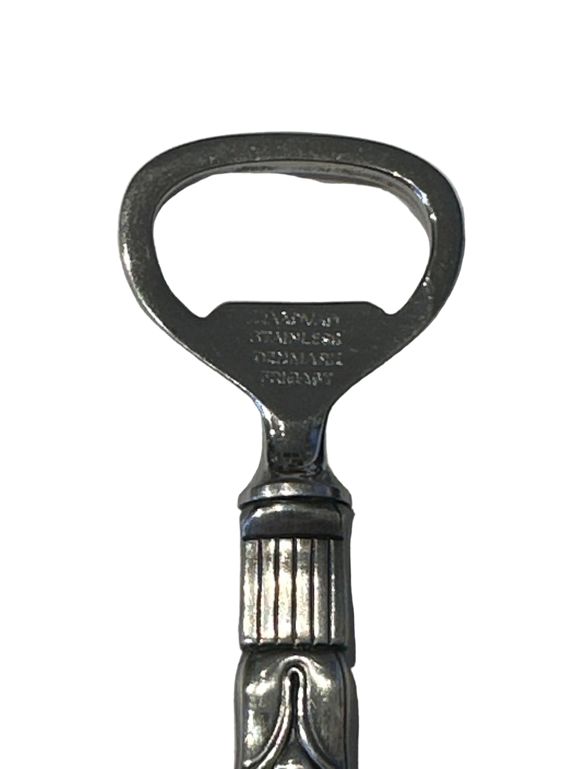 Close-up of the opener's stainless head with Frigast Denmark marks