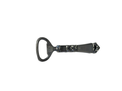Danish sterling bottle opener shown horizontally, ornate handle and stainless opener