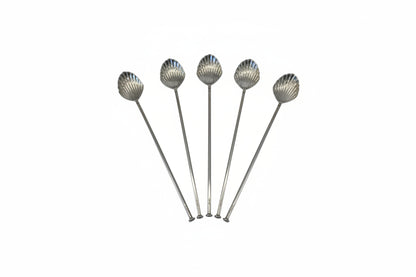 Five sterling silver shell-bowl sipper straws fanned out