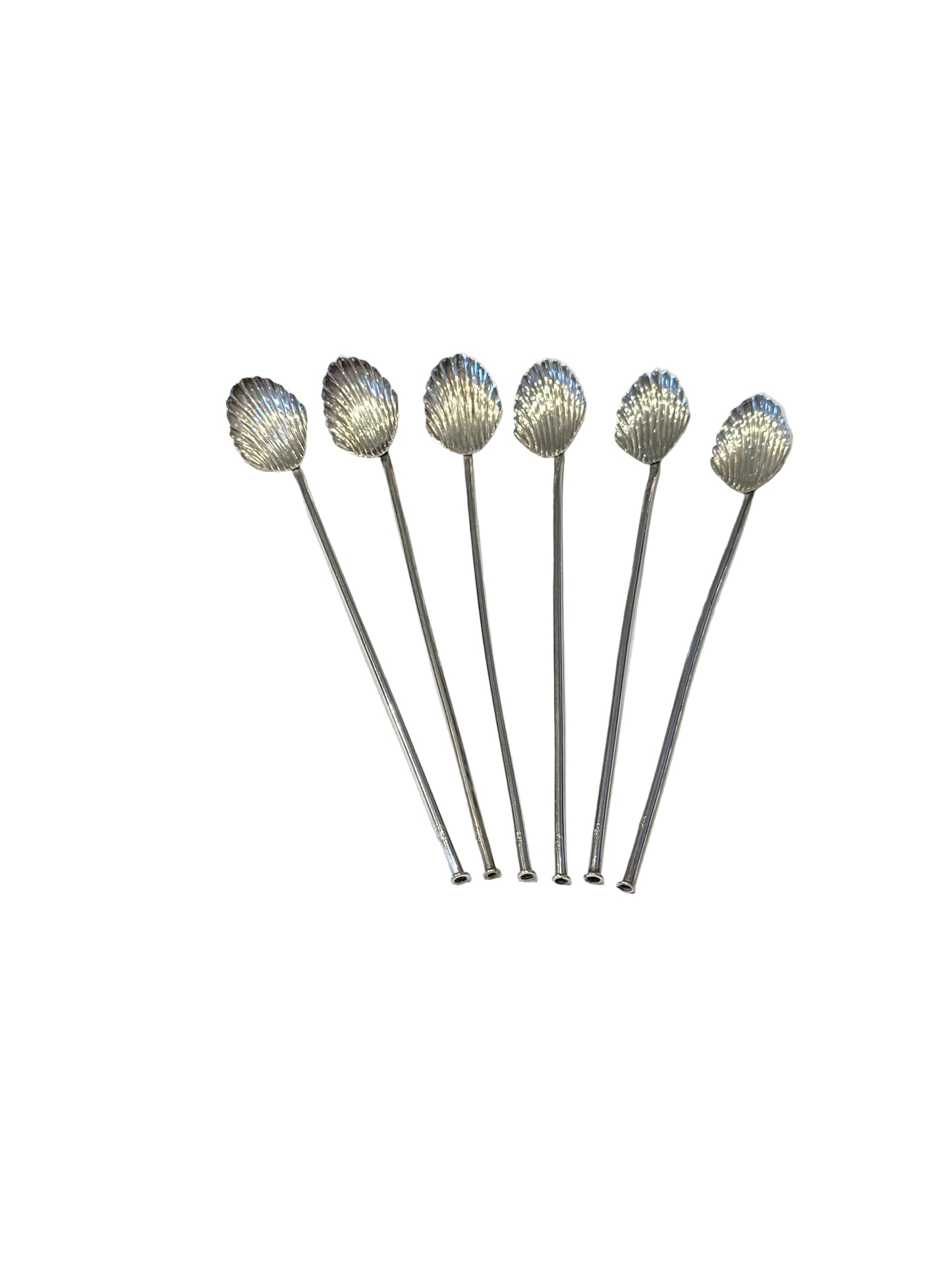 Six sterling shell-bowl sipper spoons fanned out with bowls upward