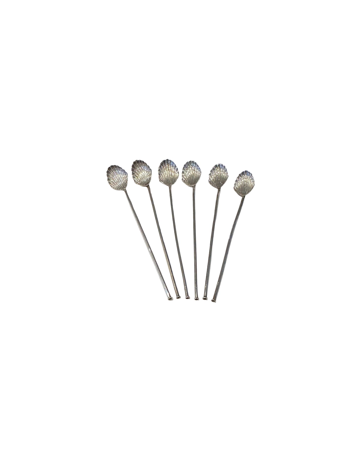 Six sterling silver shell-bowl sippers arranged in a fan