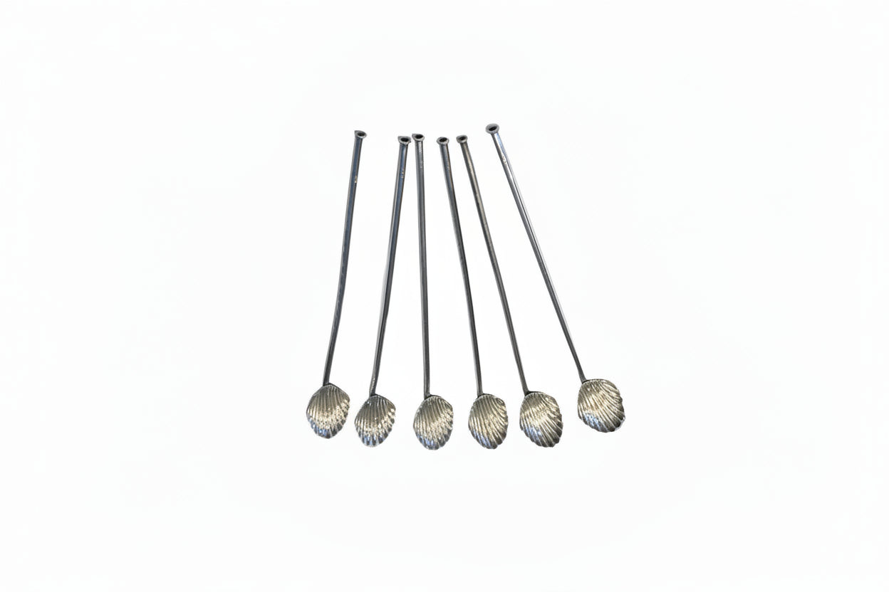 Set of six sterling silver sippers with shell-shaped bowls and hollow straw handles
