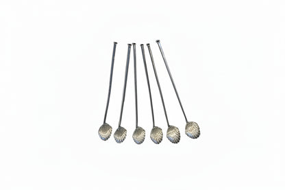 Set of six sterling silver sippers with shell-shaped bowls and hollow straw handles
