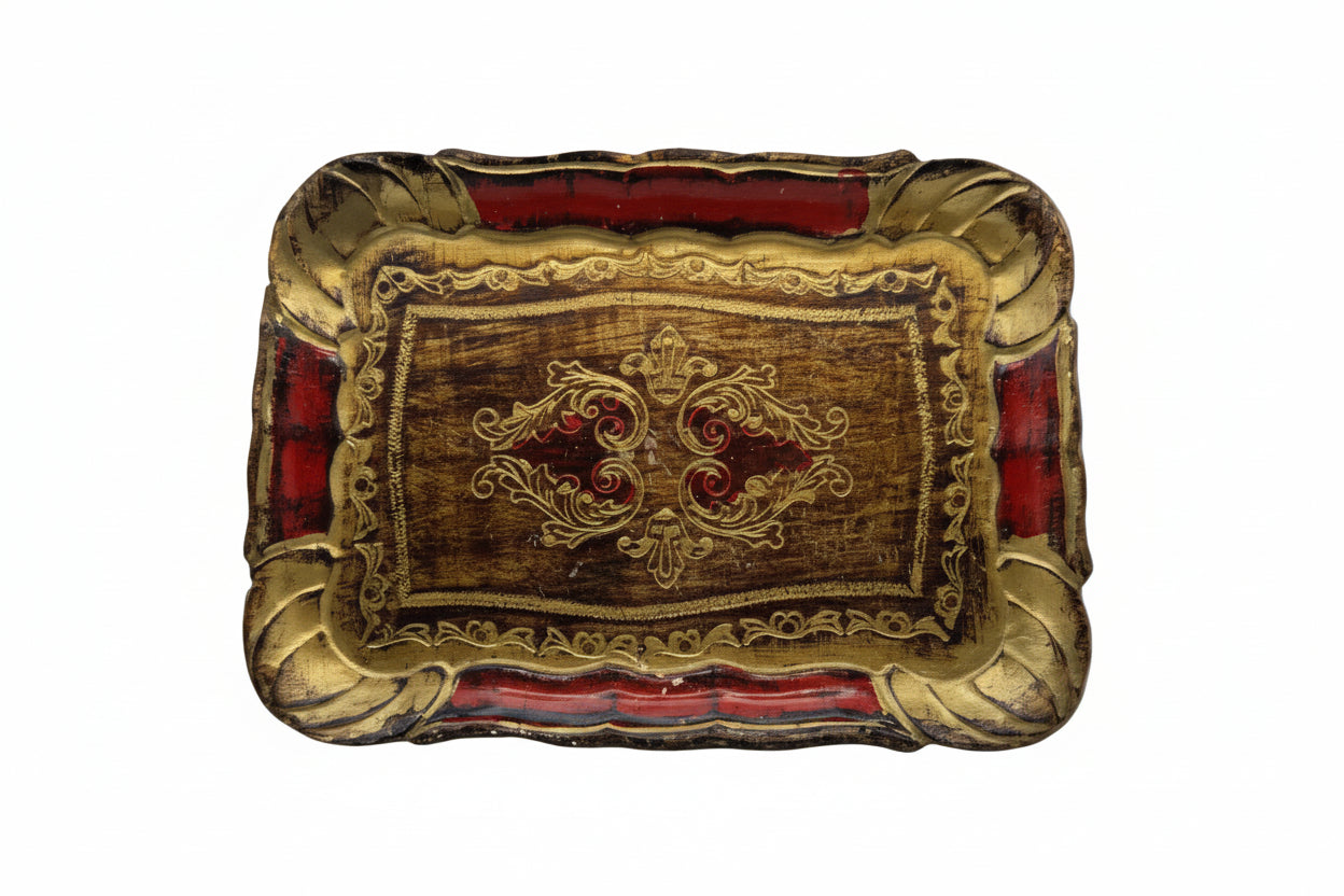 Florentine small tray with gold scrollwork on red and gilt scalloped border, top view.