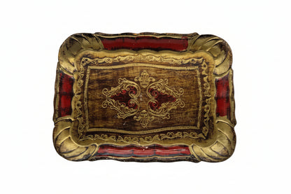 Florentine small tray with gold scrollwork on red and gilt scalloped border, top view.