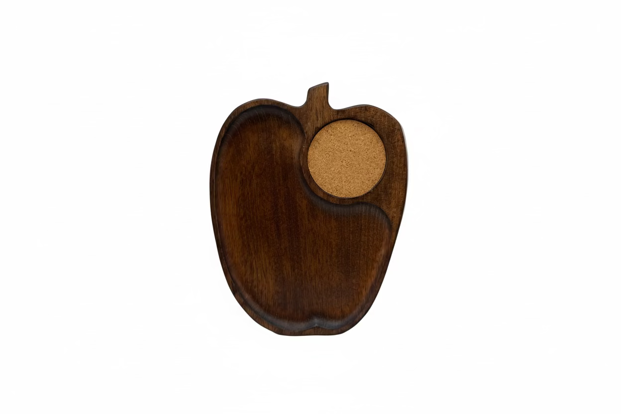 Single apple-shaped wooden snack tray with a recessed cork coaster well