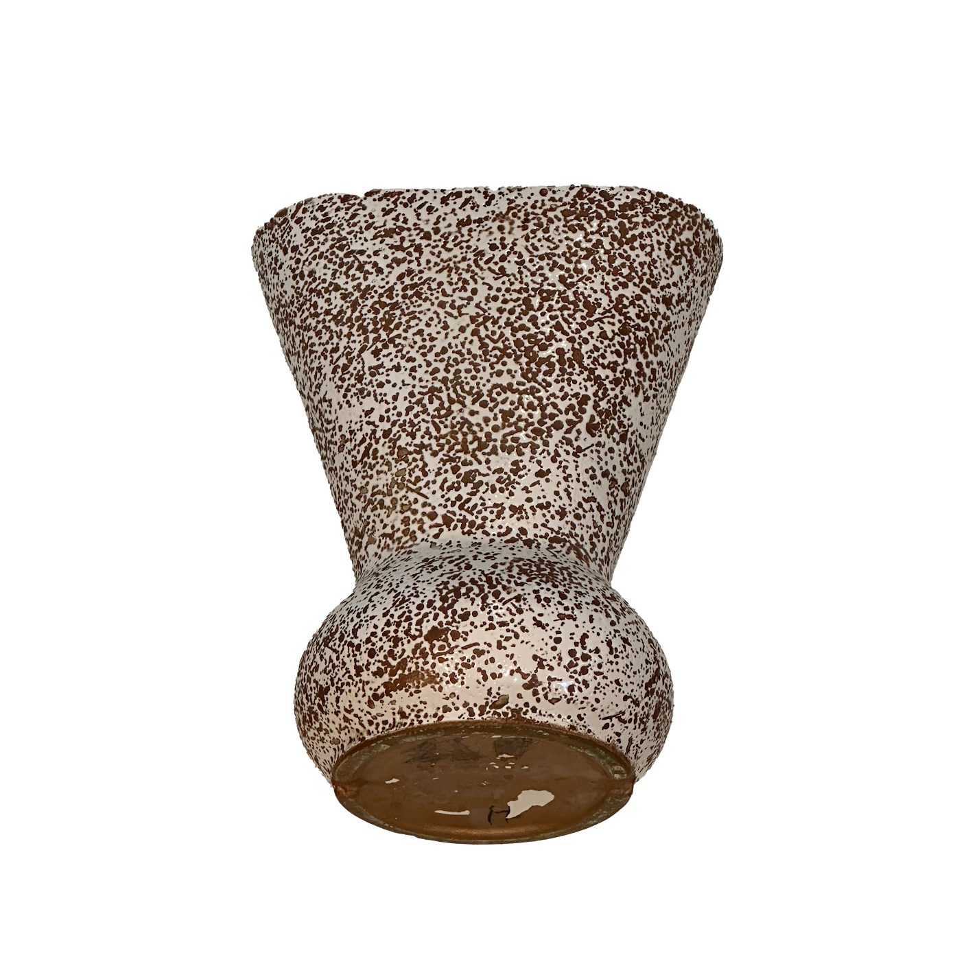 Speckled cream and brown vase with hourglass silhouette, angled view