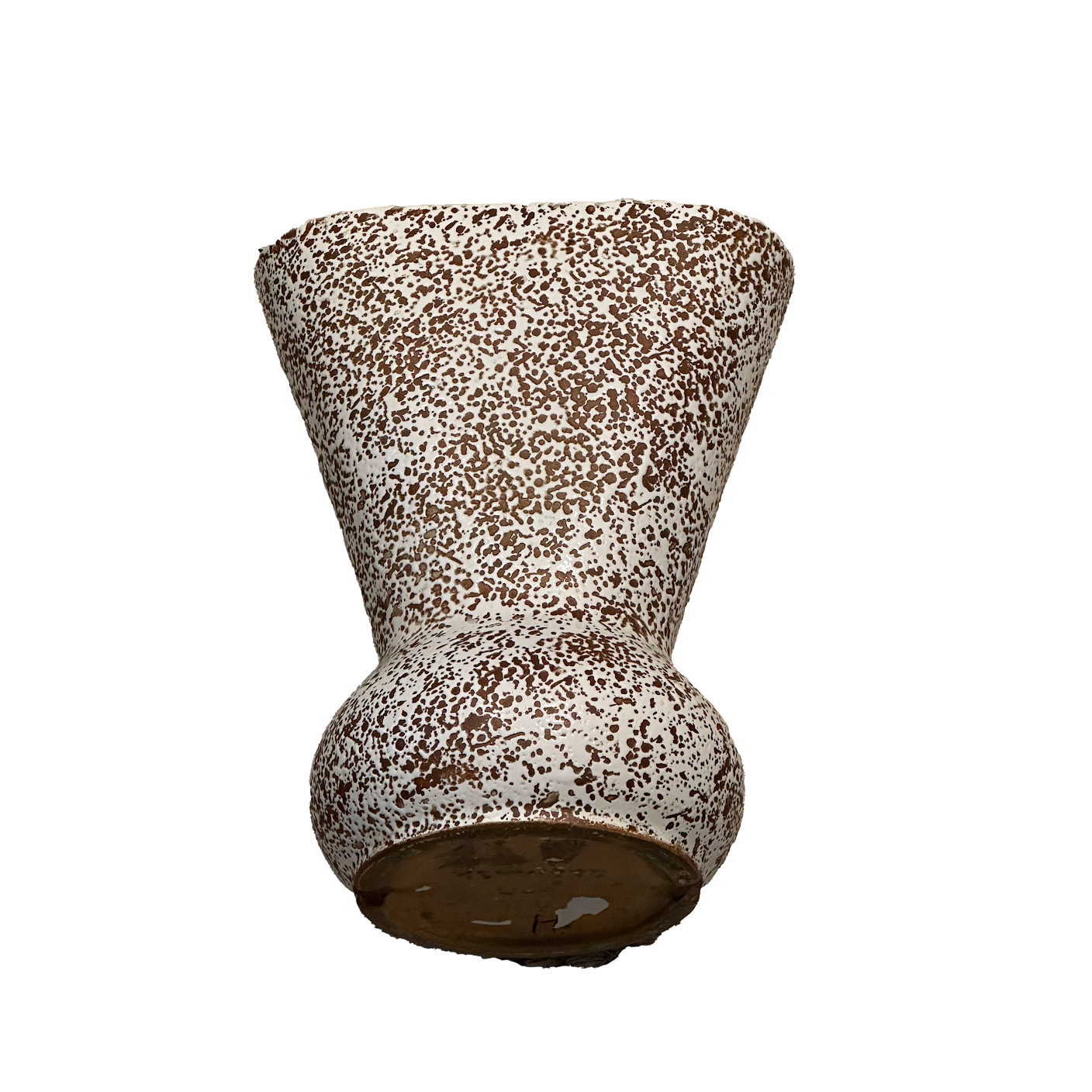 Front view of the cream and brown splatter-glaze MCM vase