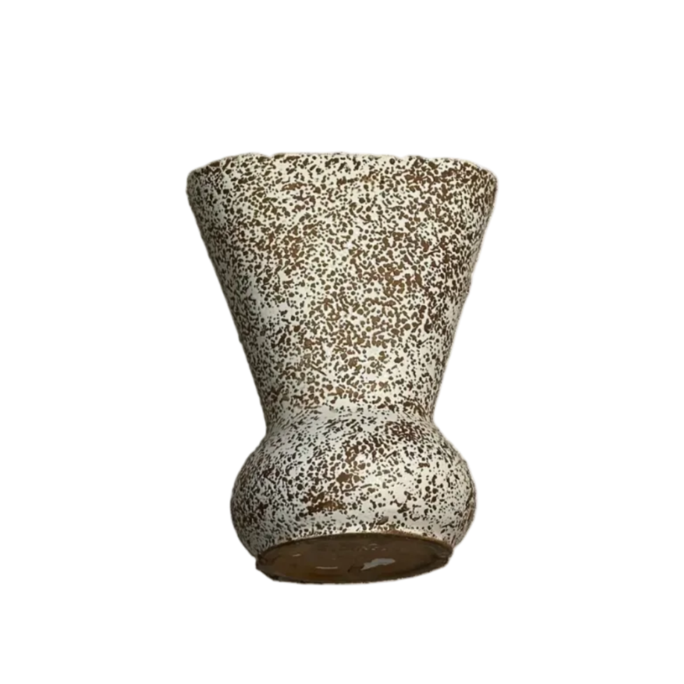 Cream and brown splatter-glaze ceramic vase with flared rim and rounded base, front view