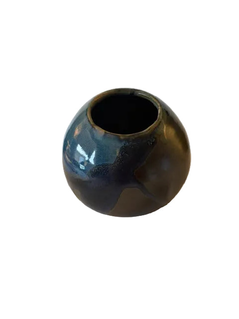 Round ceramic blue moon vase with charcoal drips