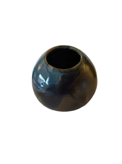Round ceramic blue moon vase with charcoal drips