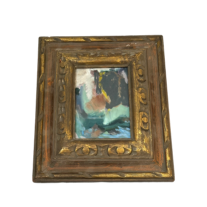 Angled view of the framed abstract oil painting showing gilt frame detail