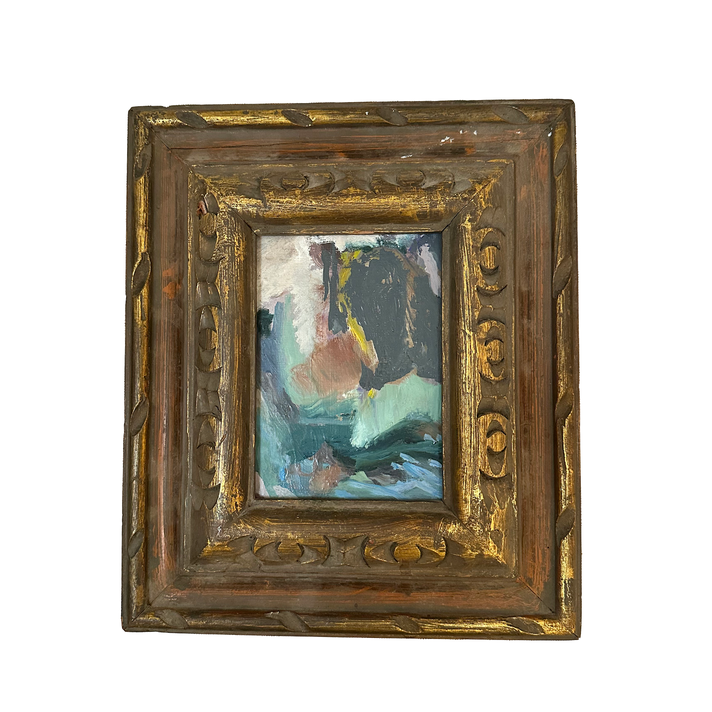 Framed abstract oil painting viewed at an angle, gilt carved wood frame